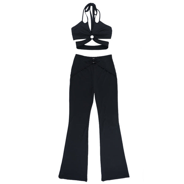 Hollow out o ring solid self tie pant set