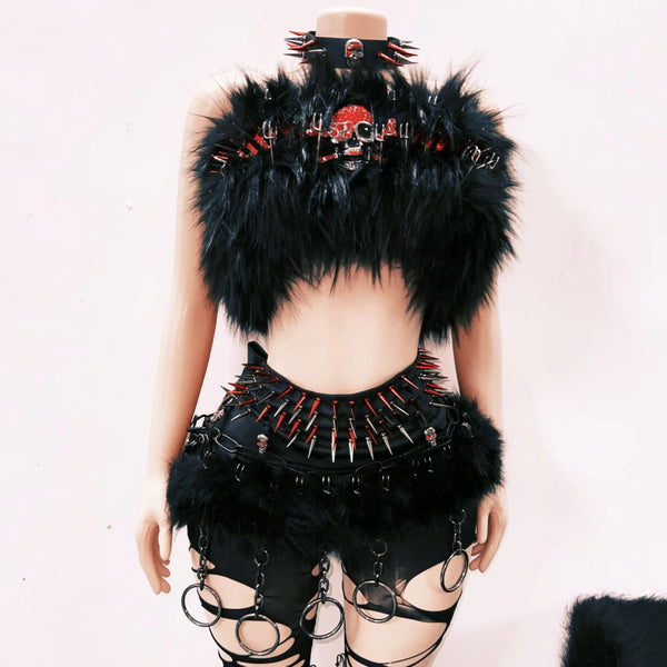 Skull applique fluffy rivet o ring leg warmer top