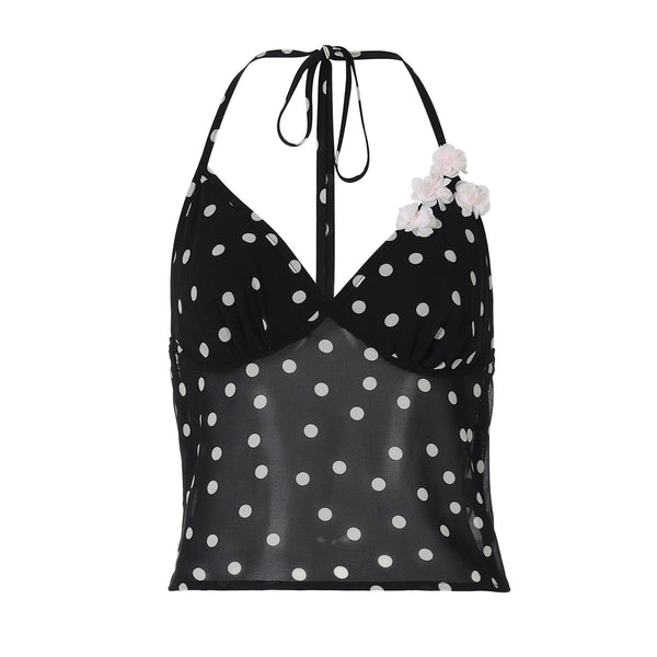 V neck halter backless polka dot top