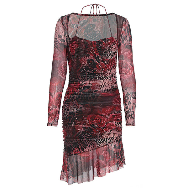 Long sleeve contrast mesh ruffle mini dress