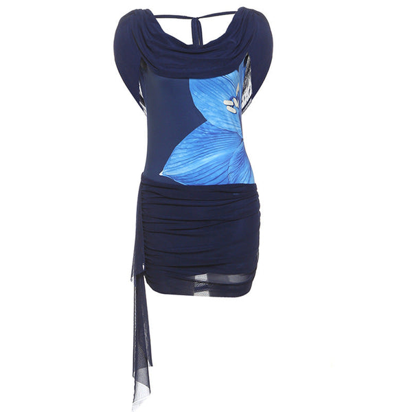 Self tie cowl neck flower print ruched mini dress