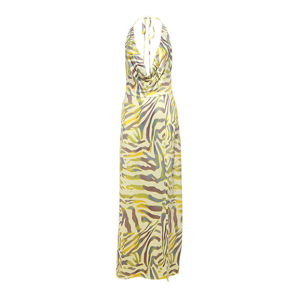 Cowl neck print halter self tie slit maxi dress