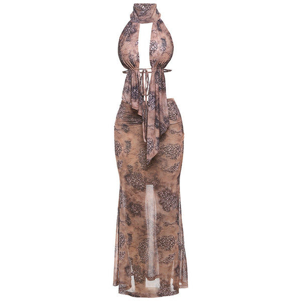 Halter ruched self tie print maxi skirt set