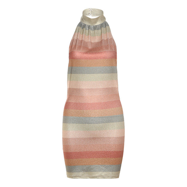 Button halter striped print backless mini dress