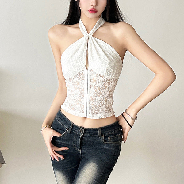 Halter self tie lace hollow out button top