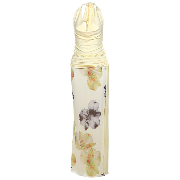 Self tie halter cowl neck flower print maxi skirt set