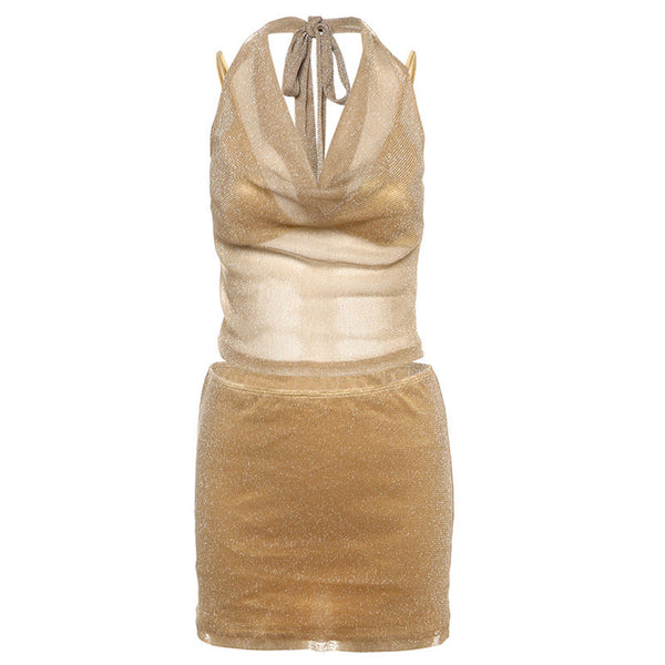 Cowl neck halter self tie 3 piece mini skirt set