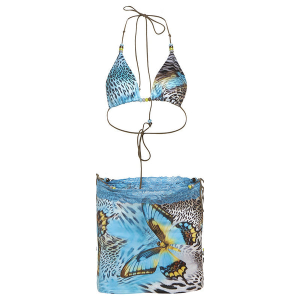 Halter self tie lace hem print 3 piece mini skirt set