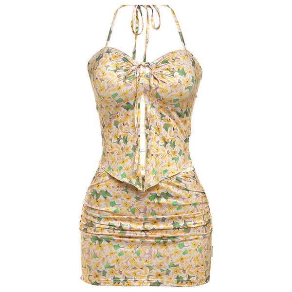 Ruched halter self tie flower print mini skirt set
