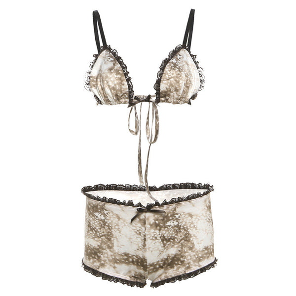 Lace hem bowknot self tie print pant set