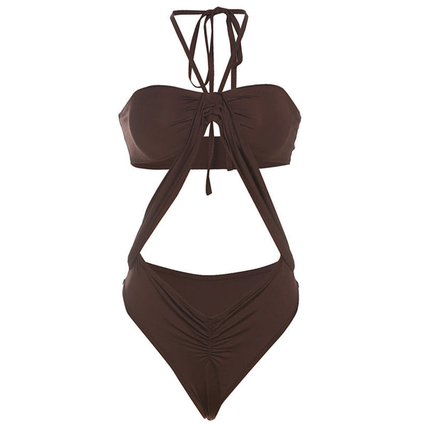 Hollow out halter self tie ruched bodysuit