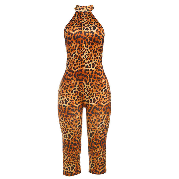 Leopard print halter self tie ruched romper