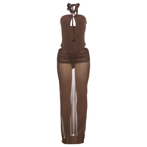 Hollow out button halter ruched maxi skirt set