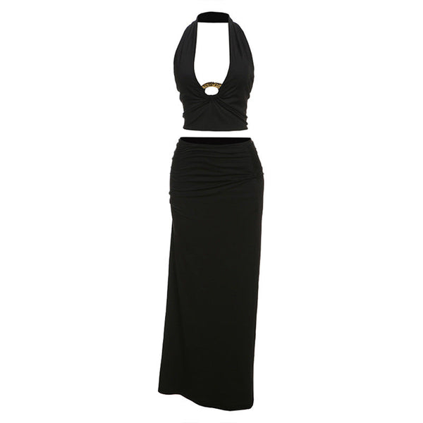 Halter v neck o ring ruched maxi skirt set
