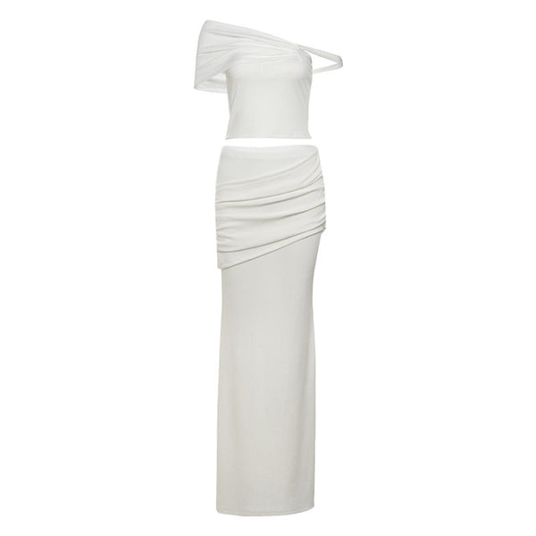 One shoulder ruched ribbed irregular maxi skirt set