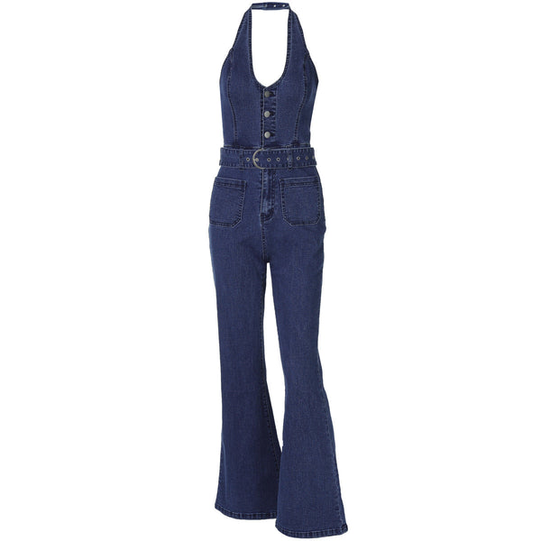 Button zip-up halter buckle denim jumpsuit