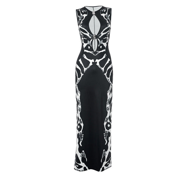 Hollow out slit snakeskin print crewneck maxi dress