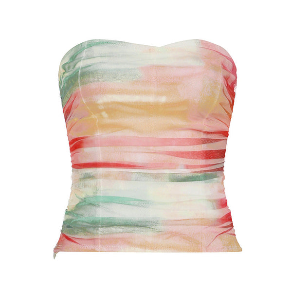 Ruched mesh print zip-up tube top