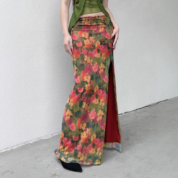 Slit irregular mesh flower print maxi skirt