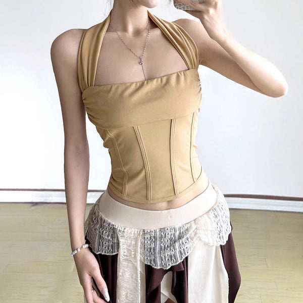 Halter square neck corset ruched solid top