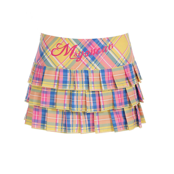 Pleated plaid zip-up letter pattern A line mini skirt
