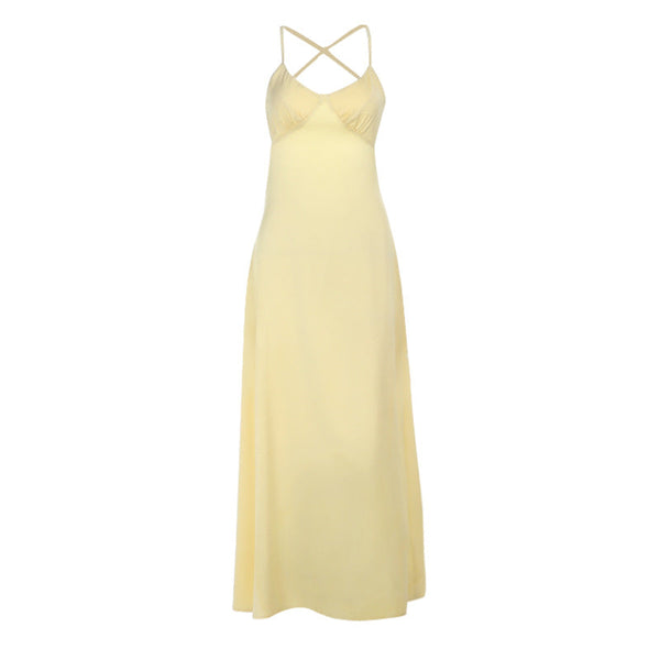 Cross back v neck satin ruched cami maxi dress