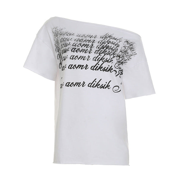 Irregular letter print short sleeve one shoulder top