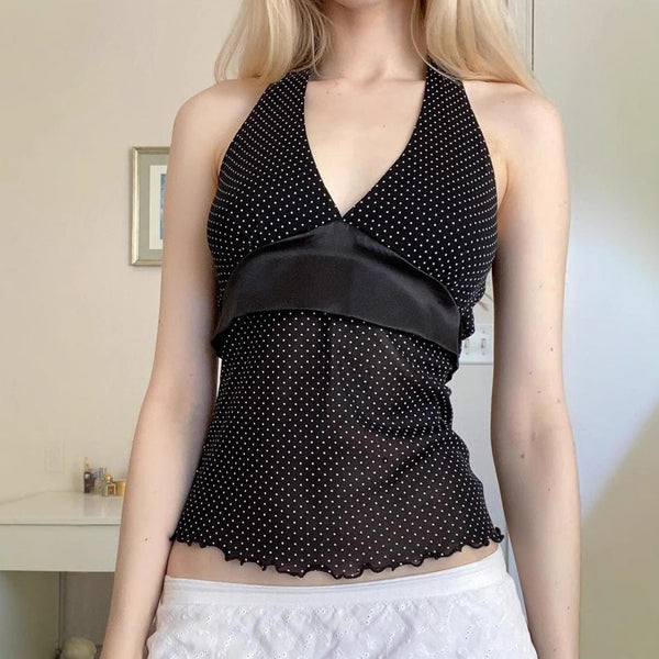 Halter polka dot v neck self tie ruffle mesh top