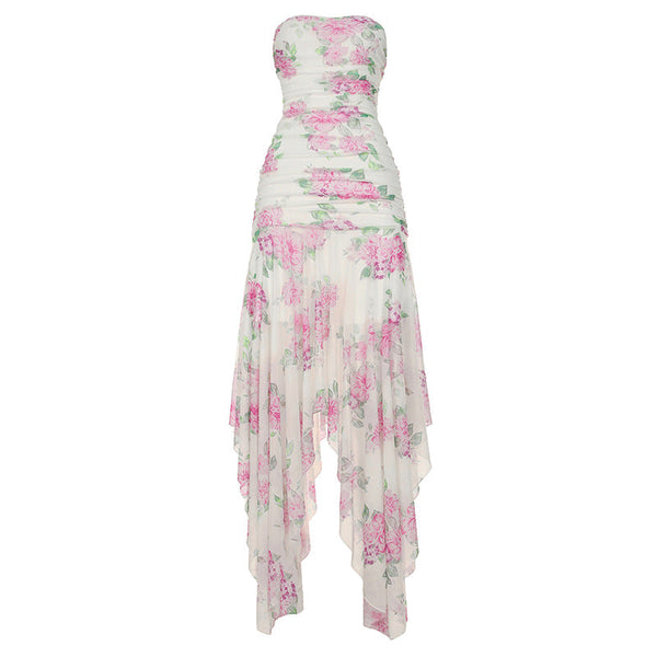 Irregular flower print ruched mesh tube maxi dress