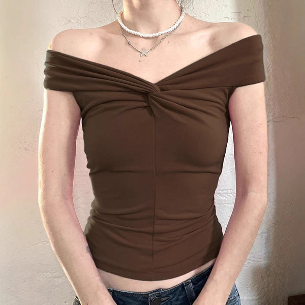 Off shoulder ruched knotted solid top