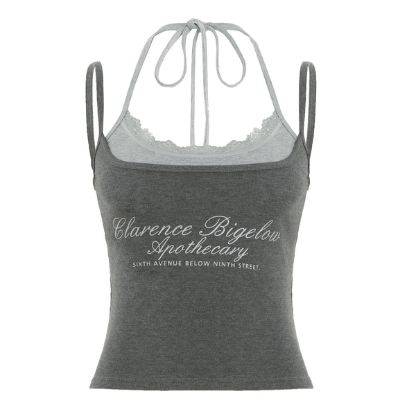 Lace hem u neck halter self tie letter pattern top