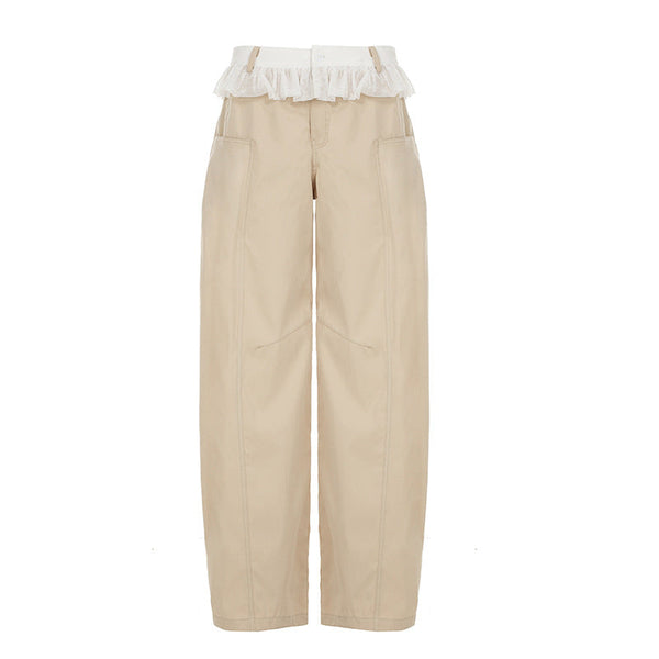 Zip-up button ruched lace straight leg pant