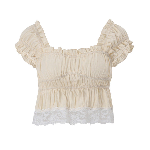 Cap sleeve smocked lace hem ruffle top