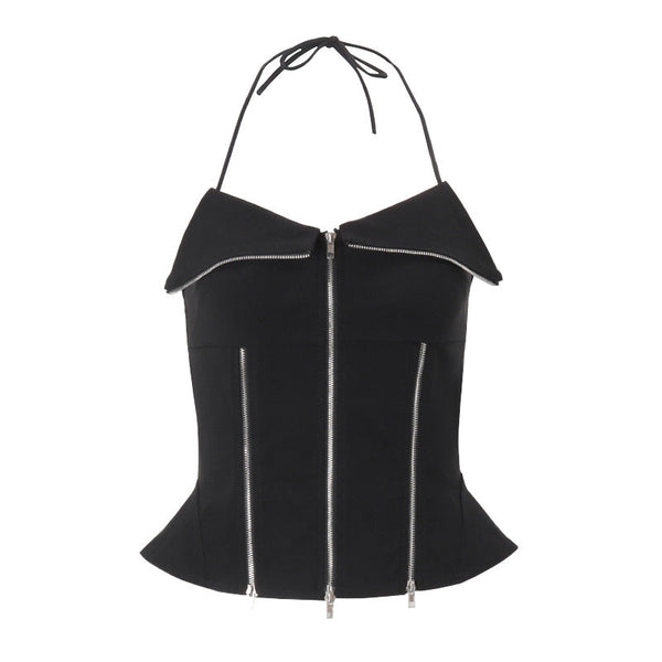 Zip-up halter solid backless top