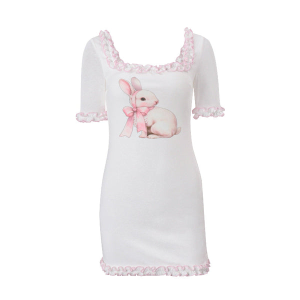 Rabbit print square neck short sleeve ruffle mini dress