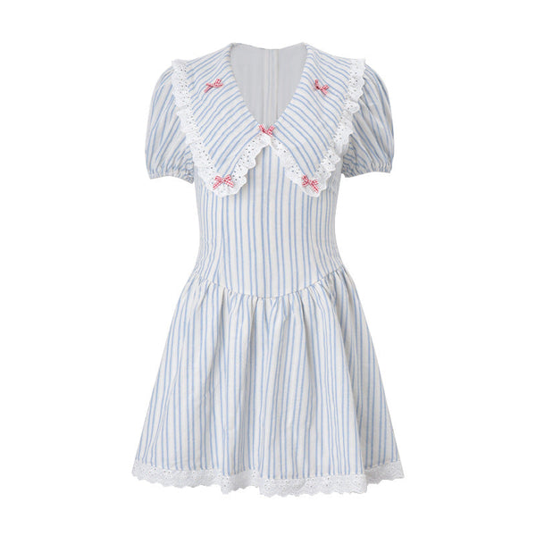 Short sleeve lace hem striped print mini dress