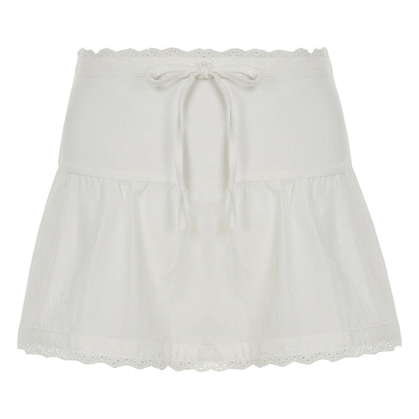 Zip-up lace hem ruched A line self tie mini skirt