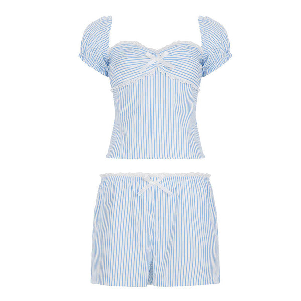 Bowknot striped smocked low rise pant set
