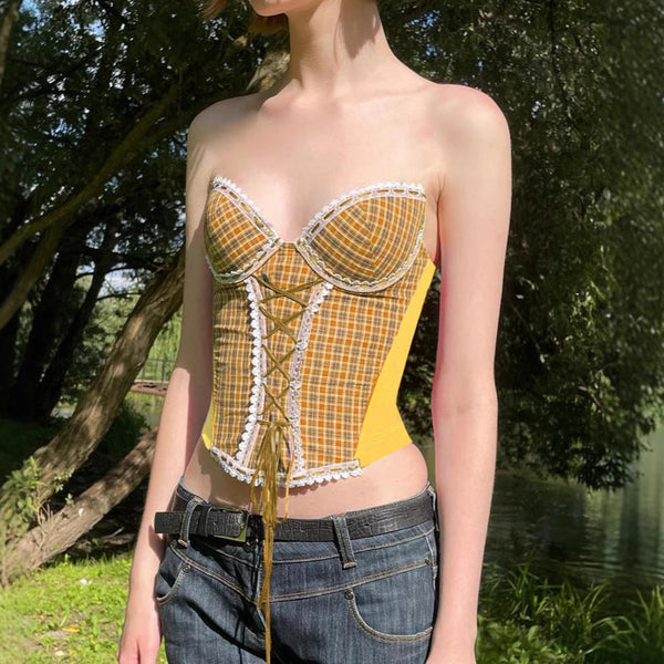 Lace up corset lace hem plaid tube top