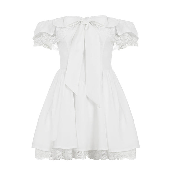 Off shoulder bowknot lace hem zip-up mini dress