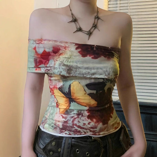One shoulder irregular butterfly print tube top