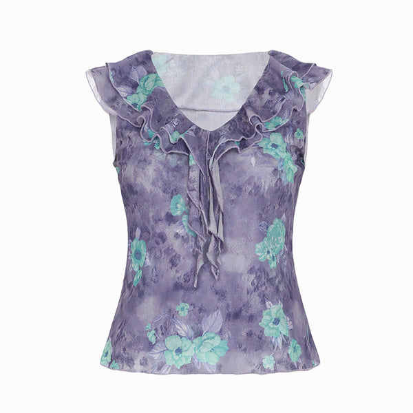 Ruffle mesh flower print v neck top