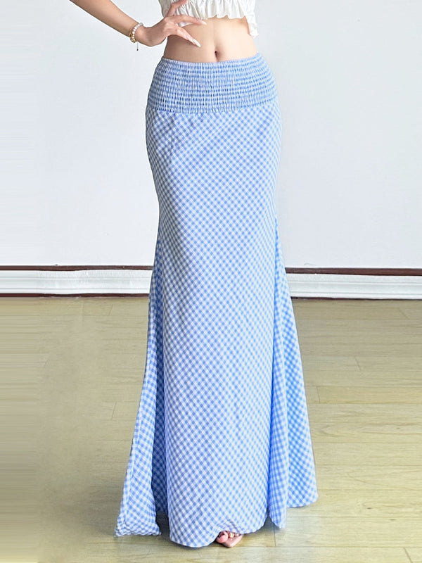 Plaid smocked zip-up contrast maxi skirt