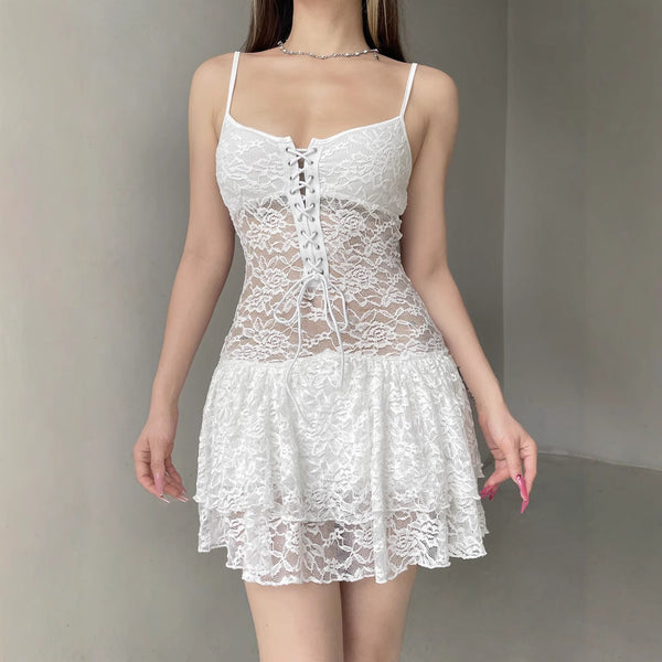 Lace up v neck lace solid cami mini dress