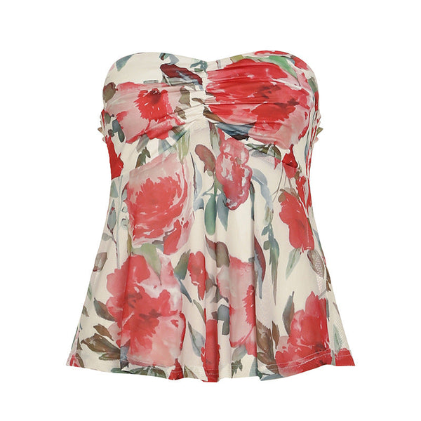 Mesh flower print smocked ruched tube top