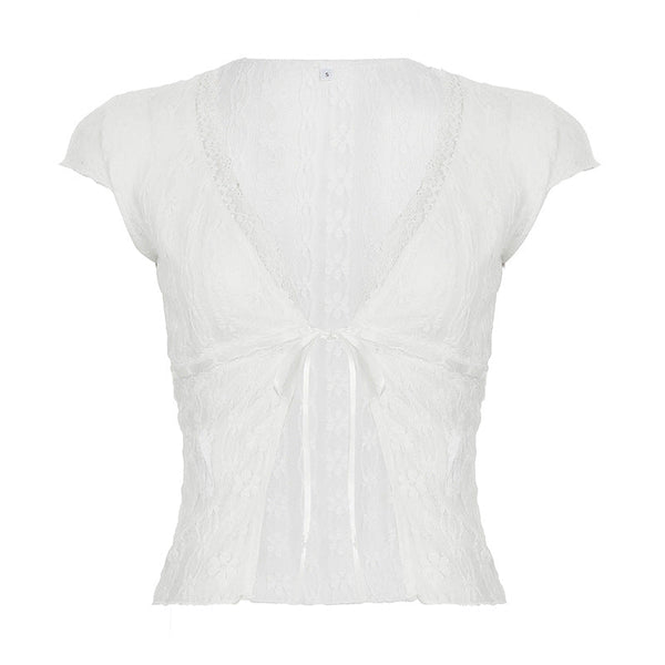 Lace cap sleeve v neck self tie solid top