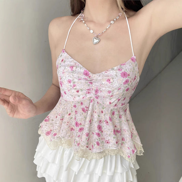 Halter self tie lace hem v neck flower print top