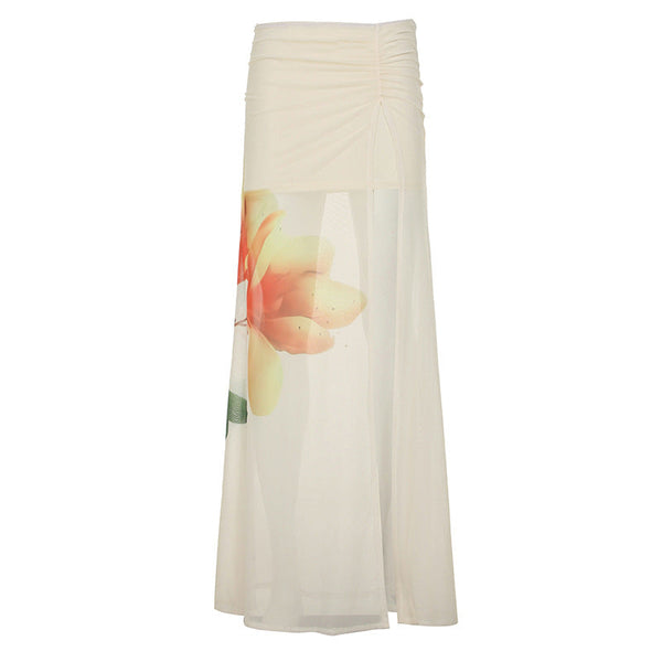 Slit ruched mesh print irregular maxi skirt