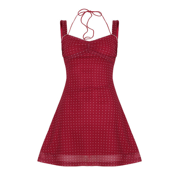 Polka dot ruched mesh v neck halter mini dress
