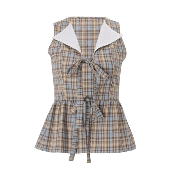 Plaid turnover collar self tie top